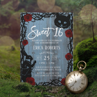 Sweet 16 Alicen im Wunderland Dusty Blue Barn Wood Einladung