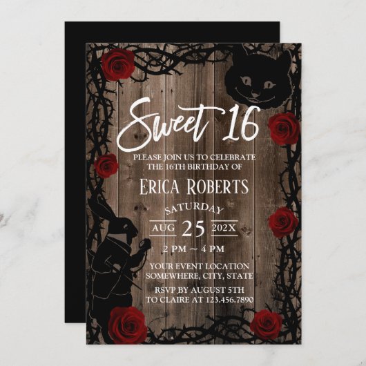 Sweet 16 Alicen im Wunderland Rustikales Barnholz Einladung (Vorne/Hinten)