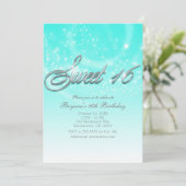 SWEET 16 Aqua Blue & Silver Sparkle Stars Party Einladung (Stehend Vorderseite)