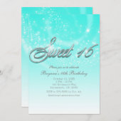 SWEET 16 Aqua Blue & Silver Sparkle Stars Party Einladung (Vorne/Hinten)