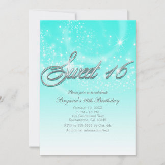 SWEET 16 Aqua Blue & Silver Sparkle Stars Party Einladung