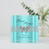 SWEET 16 Aquamarin Blue Butterfly Pearl Birthday P Einladung (Stehend Vorderseite)