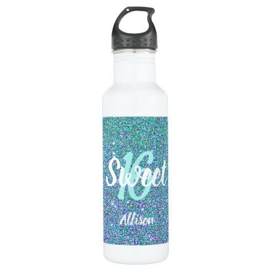 Sweet 16 Aquamarin Blue Glitzer Personalisiert Edelstahlflasche (Vorderseite)