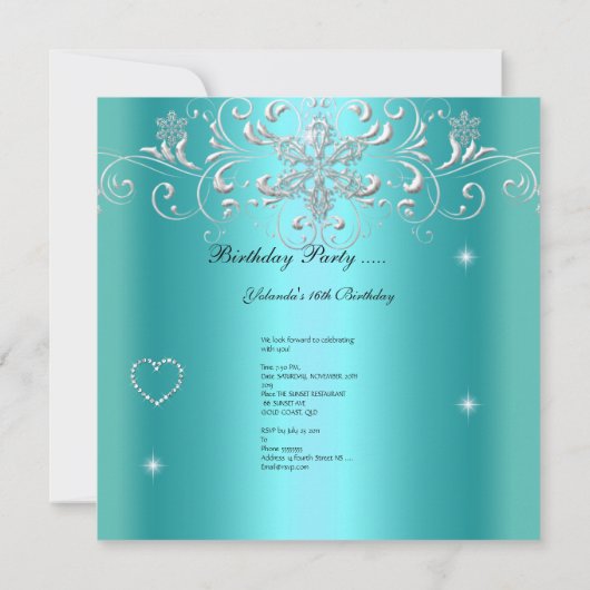 Sweet 16 Aquamarin Blue Glitzer Tiara Eiffel Tower Einladung (Rückseite)