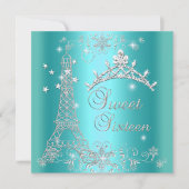 Sweet 16 Aquamarin Blue Glitzer Tiara Eiffel Tower Einladung (Vorderseite)