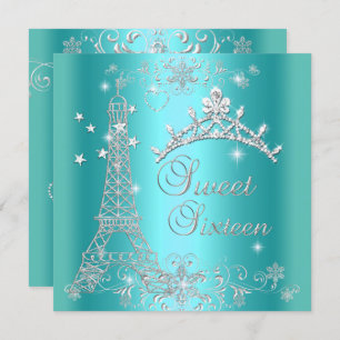 Sweet 16 Aquamarin Blue Glitzer Tiara Eiffel Tower Einladung