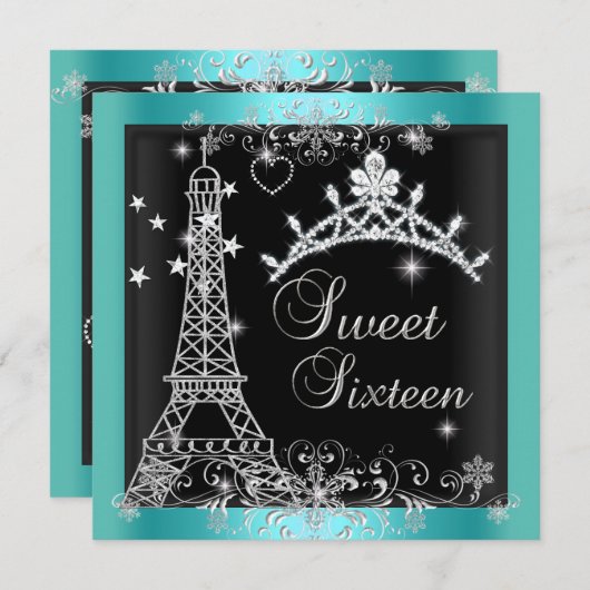 Sweet 16 Aquamarin Blue Glitzer Tiara Eiffel Tower Einladung (Vorne/Hinten)