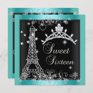 Sweet 16 Aquamarin Blue Glitzer Tiara Eiffel Tower Einladung