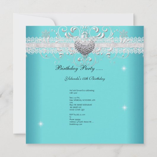Sweet 16 Aquamarin Blue Glitzer Tiara Spitzenherz Einladung (Rückseite)