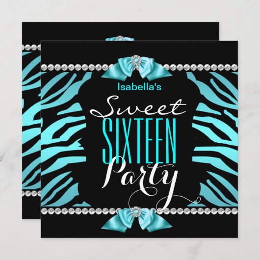 Sweet 16 Aquamarin Blue Zebra Schwarz-weiß Geburts Einladung (Vorne/Hinten)