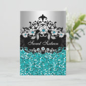 Sweet 16 Aquamarin Floral Glitzer Party Einladung (Stehend Vorderseite)