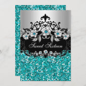 Sweet 16 Aquamarin Floral Glitzer Party Einladung (Vorne/Hinten)