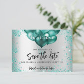 Sweet 16 aquamarin-grüne Glitzer-Ballons in Silber Save The Date (Stehend Vorderseite)