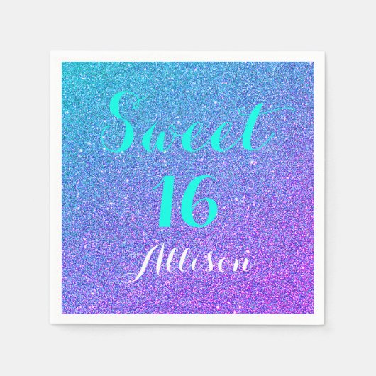 Sweet 16 Aquamarin Lila Ombre Glitzer Sparkle Serviette (Vorderseite)