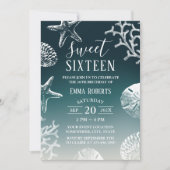 Sweet 16 Aquamarin Ombre Beach Starfish & Seashell Einladung (Vorderseite)