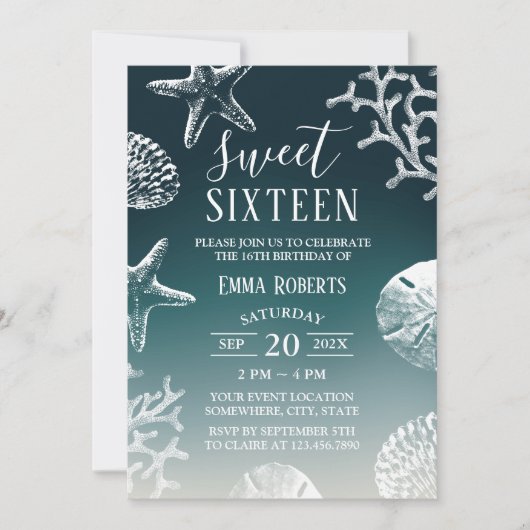 Sweet 16 Aquamarin Ombre Beach Starfish & Seashell Einladung (Vorderseite)