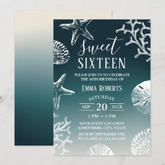 Sweet 16 Aquamarin Ombre Beach Starfish & Seashell Einladung