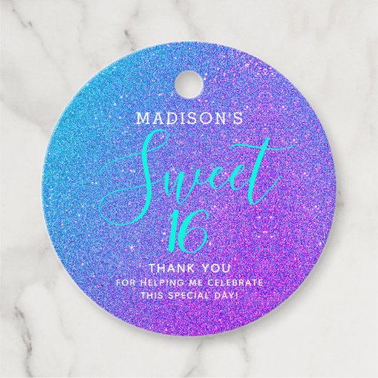 Sweet 16 Aquamariner Lila Glitzer Danke, Name Geschenkanhänger (Vorderseite)