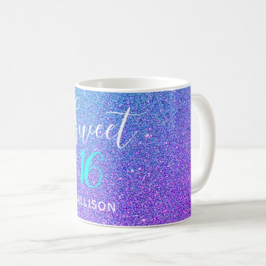 Sweet 16 Aquamariner Lila Glitzer Ombre Personalis Kaffeetasse (VorderseiteRechts)