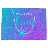 Sweet 16 Aquamariner Lila Glitzer Personalisiert Große Geschenktüte (Rückseite)