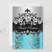 Sweet 16 Aquamarines Silver Black Floral Jewel Par Einladung (Vorderseite)