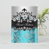 Sweet 16 Aquamarines Silver Black Floral Jewel Par Einladung (Stehend Vorderseite)