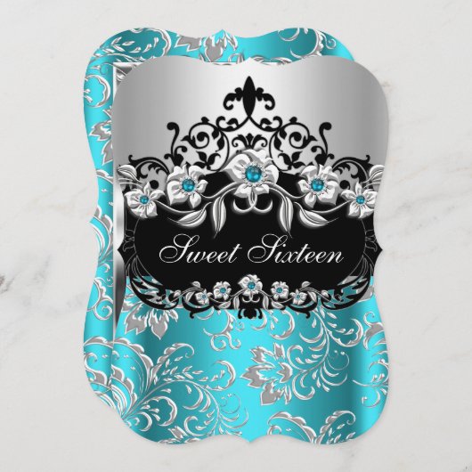 Sweet 16 Aquamarines Silver Black Floral Jewel Par Einladung (Vorne/Hinten)