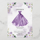 Sweet 16 Aquarell Blume Kleid Lila Silber Folieneinladung (Vorderseite)
