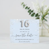Sweet 16 baby blue silber Glitzer Save the Date (Stehend Vorderseite)