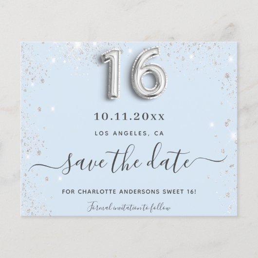 Sweet 16 baby blue silber Glitzer Save the Date (Vorderseite)