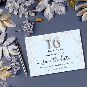 Sweet 16 baby blue silber Glitzer Save the Date Mitteilungskarte