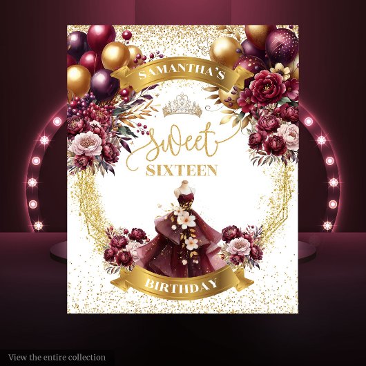 Sweet 16 Backdrop Burgundy Balloons Gold Glitzer Wandteppich