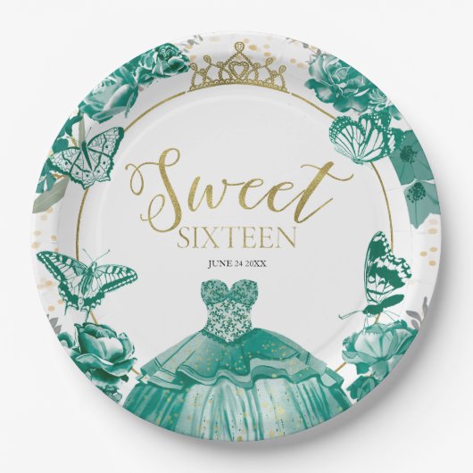 Sweet 16 Balloon Butterfly Emerald Green Dress Pappteller (Vorderseite)