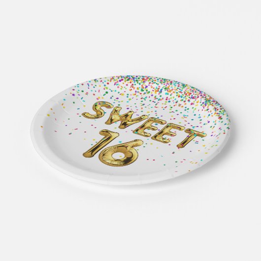 Sweet 16 Balloons und Confetti Papierplatte Pappteller (Schrägansicht)