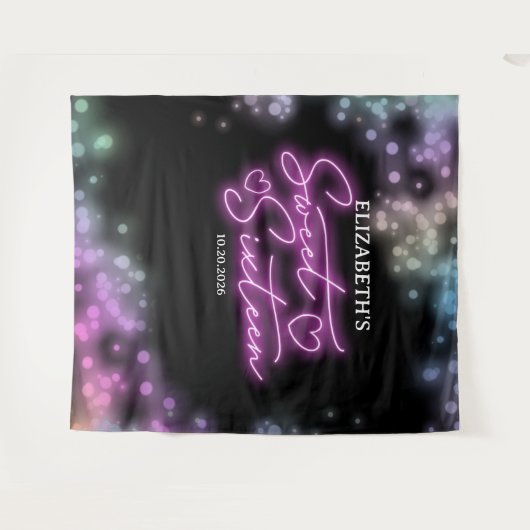 Sweet 16 Bday farbenfrohe Neon Glow Hintergrund Wandteppich (Vorderseite (Horizontal))