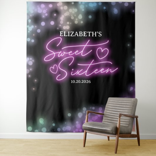 Sweet 16 Bday farbenfrohe Neon Glow Hintergrund Wandteppich (Beispiel)