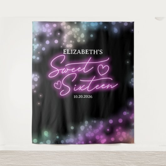 Sweet 16 Bday farbenfrohe Neon Glow Hintergrund Wandteppich (Vorderseite)