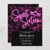 Sweet 16 Bday Hot Pink Neon Glow Budget Einladung (Vorne/Hinten)