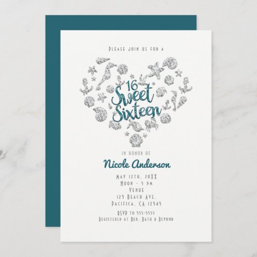 SWEET 16 Beach Glam Diamond Herzliche Einladungen (Vorne/Hinten)