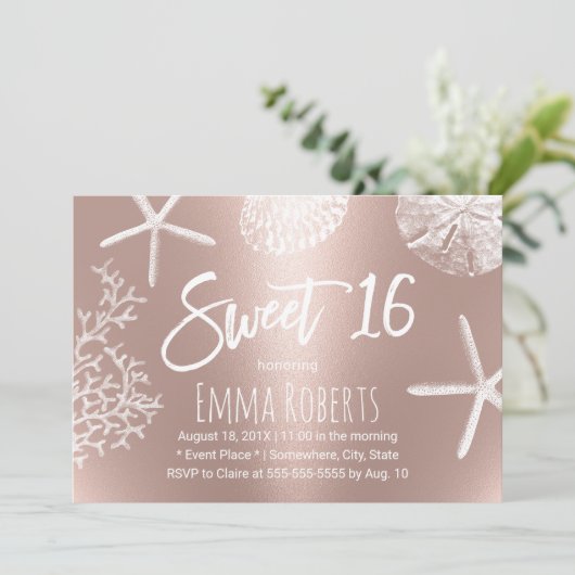 Sweet 16 Beach Starfish Coral Seashells Rose Gold Einladung (Stehend Vorderseite)