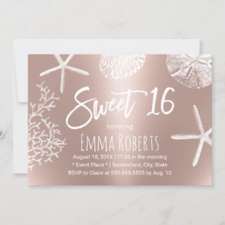 Sweet 16 Beach Starfish Coral Seashells Rose Gold Einladung