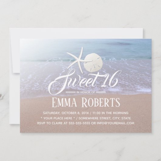 Sweet 16 Beach Thema Starfish & Sand Dollar Einladung (Vorderseite)