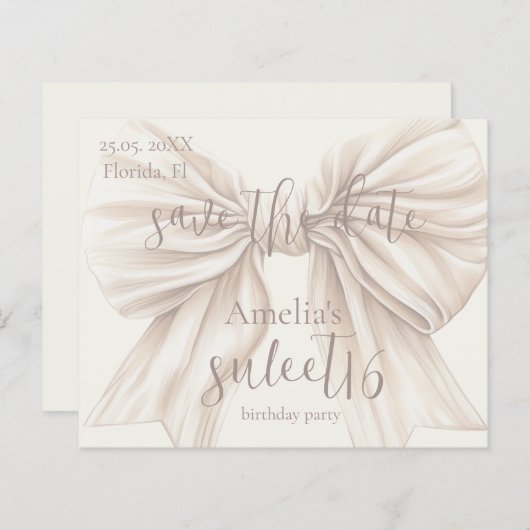 Sweet 16 Beige Bow Wasserfarbe Save the Date (Vorne/Hinten)