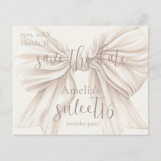 Sweet 16 Beige Bow Wasserfarbe Save the Date (Vorderseite)