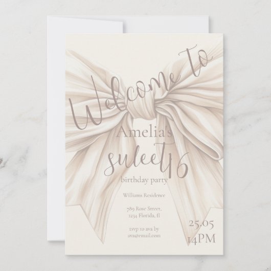 Sweet 16 Beige Bow Watercolor Einladung (Vorderseite)