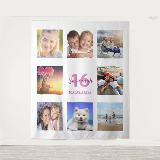 Sweet 16 benutzerdefiniertes Foto Collage White Pi Wandteppich (Vorderseite)