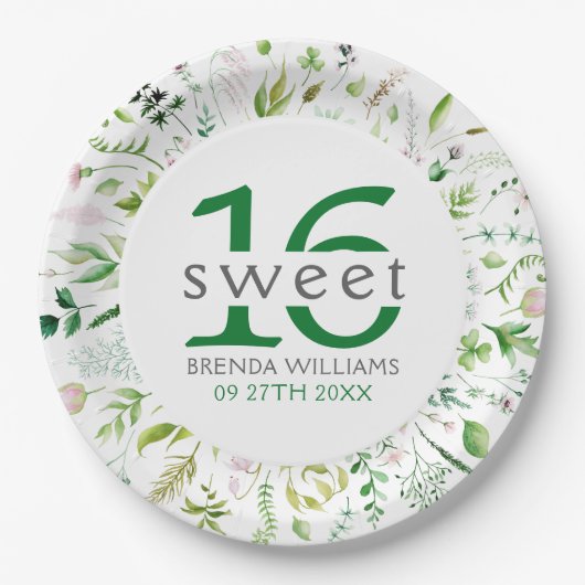 Sweet 16. Birdie Green Leafs & Blume Frame Pappteller (Vorderseite)