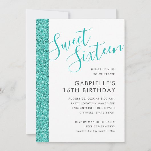 Sweet 16 Birthday Aquamarin Blue Glitzer Einladung (Vorderseite)