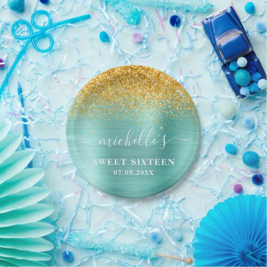 Sweet 16 Birthday Aquamarin Gold Glitzer Sparkle N Pappteller (Party)