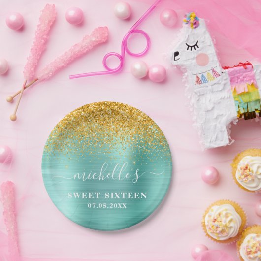 Sweet 16 Birthday Aquamarin Gold Glitzer Sparkle N Pappteller (Party)